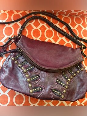 A.S.98 Women’s Leather Crossbody Bag - Burgundy with Brass Stud Accents